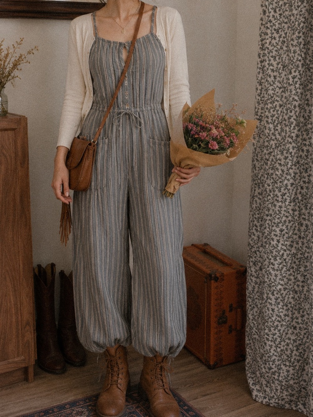 Free People XS Blue Stripe Cotton Wide Leg Jumpsuit Balloon Hem Boho